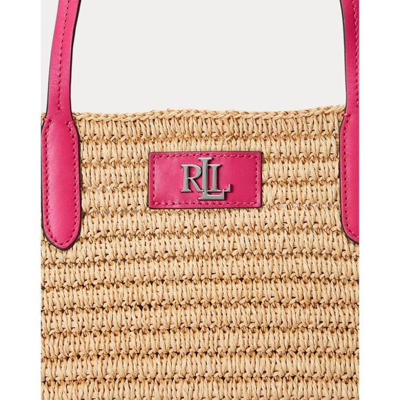 Lauren Ralph Lauren Natural Sport Pink Brie Leather Trim Straw Totebag Handbag - Picture 3 of 6